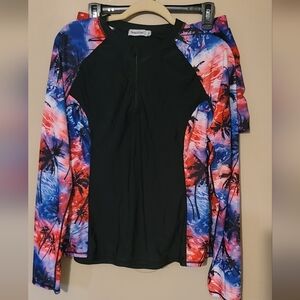 Colorful Palm Tree Rash Guard Swimsuit Long Sleeve Top And Shorts Size XXL